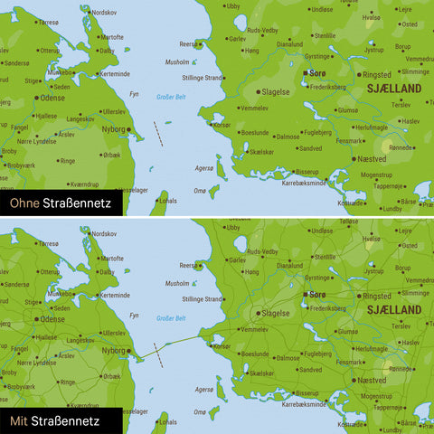 Topografische Dänemark-Karte Pinn-Leinwand in Multicolor Topo mit optional eingedrucktem Straßennetz aus Autobahnen und Landstraßen