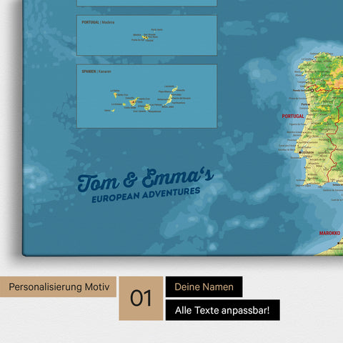 Topografische Landkarte von Europa als Pinnwand Leinwand mit Personalisierung und Namen in einer modernen Schreibschrift
