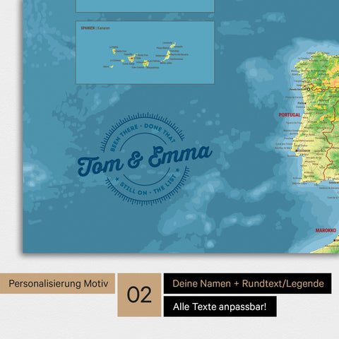 Topografische Landkarte von Europa als Poster mit Personalisierung als rundes Logo, das eine Legende für bereits besuchte Reiseziele im Rundtext beinhaltet