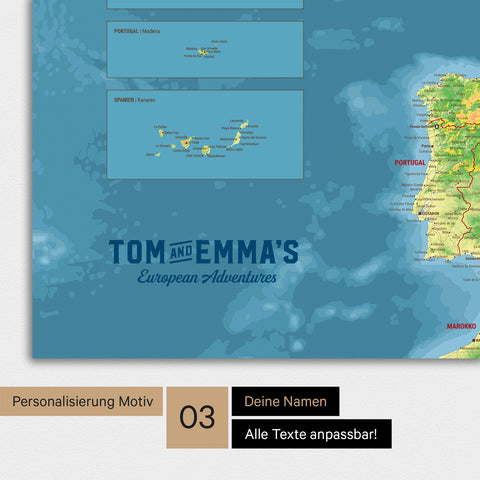 Topografische Europakarte Poster mit Personalisierung im Vintage-Stil