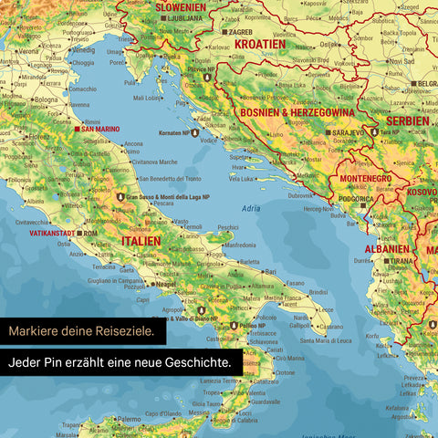 Moderne topografische Europa Landkarte als Poster mit einem Ausschnitt von Italien, Kroatien und Griechenland