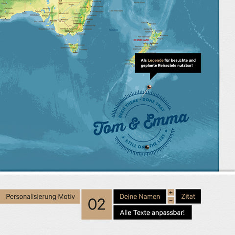 Personalisierte topografische Weltkarte mit Antarktis als Pinnwand Leinwand in Multicolor Topo mit eingedruckten Namen und einer Legende zur Markierung von besuchten Orten