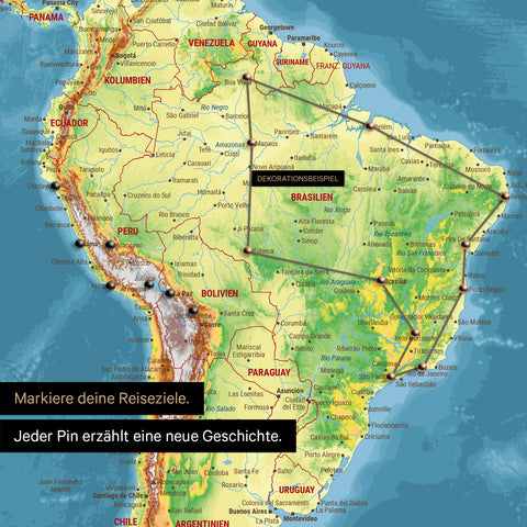 Détail d'une carte topographique du monde en Carte à épingles Multicolor Topo avec des épingles montrant un itinéraire de voyage tracé en Amérique du Sud à travers les pays Brésil, Pérou et Équateur