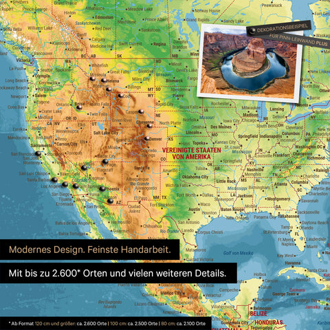 Carte topographique détaillée du monde en multicolore Topo, conçue comme un tableau d'affichage pour marquer jusqu'à 2 600 destinations de voyage aux États-Unis, au Canada et au Mexique, idéale pour la représentation visuelle des voyages passés et des projets de voyage futurs