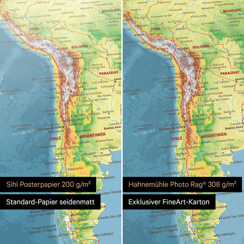 Carte topographique mondiale en multicolore Topo en poster sur les papiers Sihl Posterpapier ou Hahnemühle Photo Rag