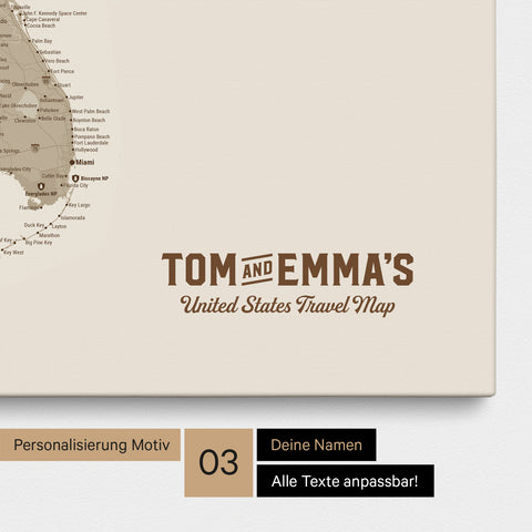Pinnwand Leinwand einer USA Amerika Karte in Beige mit eingedrucktem Logo „United States"