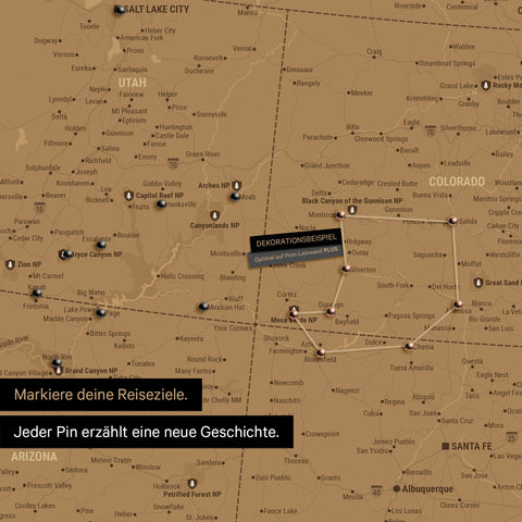 Detailed USA America map as a pin board in bronze showing pins in travel destinations in Utah and Colorado