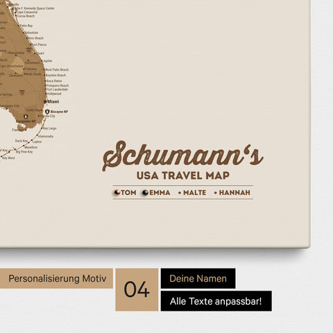 Detailed USA America map as a Push Pin Map in bronze with personalization as a logo for the whole family