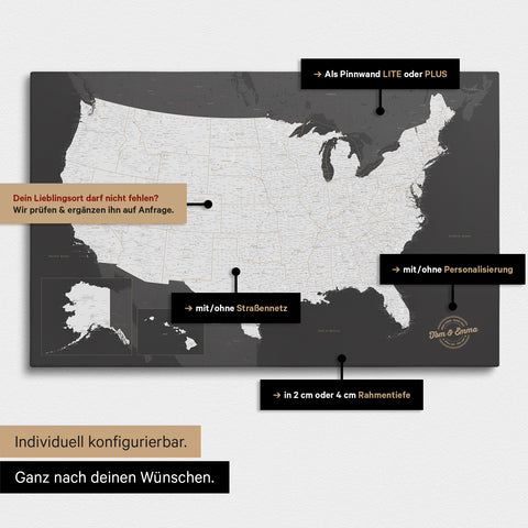 Vielfältige Konfigurationsmöglichkeiten einer USA Amerika Landkarte als Pinn-Leinwand in Farbe Dunkelgrau