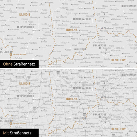 USA Amerika Karte Pinn-Leinwand in Dunkelgrau optional mit dem Straßennetz der größten Highways und Interstates