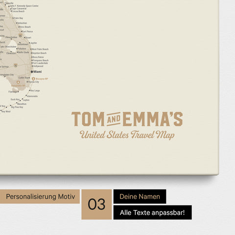 Pinnwand Leinwand einer USA Amerika Karte in Gold mit eingedrucktem Logo „United States"