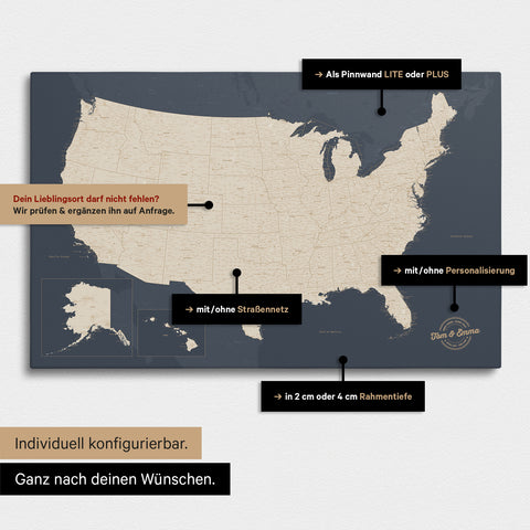 Vielfältige Konfigurationsmöglichkeiten einer USA Amerika Landkarte als Pinn-Leinwand in Farbe Hale Navy (Dunkelblau Gold)