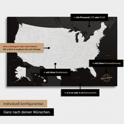 Vielfältige Konfigurationsmöglichkeiten einer USA Amerika Landkarte als Pinn-Leinwand in Farbe Schwarz-Weiss