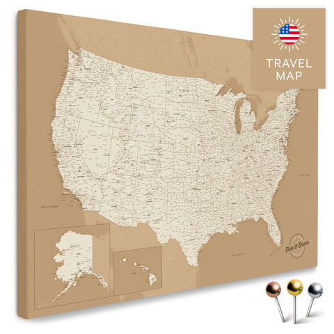 USA Amerika Karte in Treasure Gold mit sehr hohem Detailgrad als Pinnwand Leinwand zum Pinnen und Markieren von Reisezielen kaufen