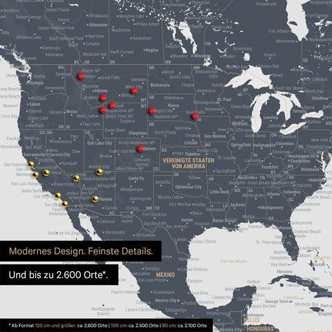 Détail d'une carte du monde en bleu denim montrant des détails des États-Unis et du Canada