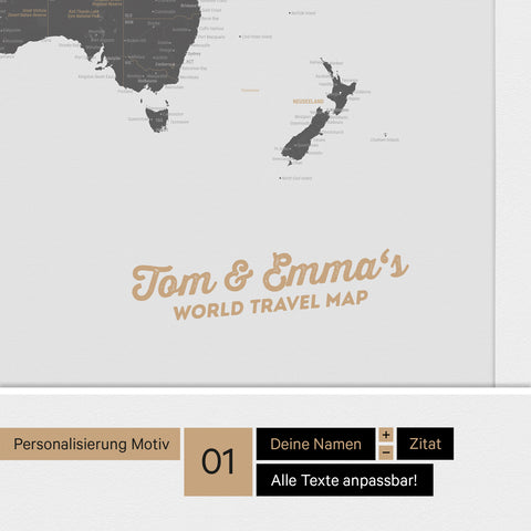 Carte du monde avec l'Antarctique en tableau d'affichage toile en gris clair avec personnalisation