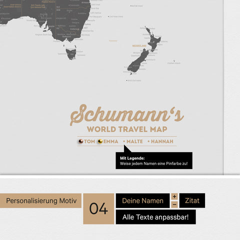 Tableau en toile d’une carte du monde de l’Antarctique en gris clair avec logo personnalisé comme nom de famille