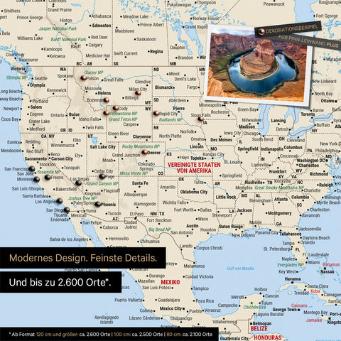 Détail d'une carte du monde Multicolor Classic montrant des détails des États-Unis et du Canada