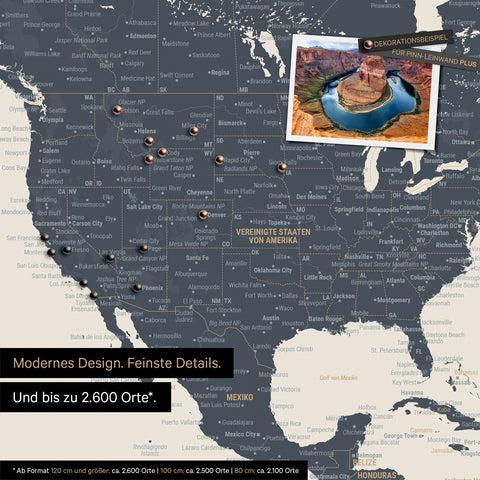 Détail d'une carte du monde multicolore mate montrant des détails des États-Unis et du Canada