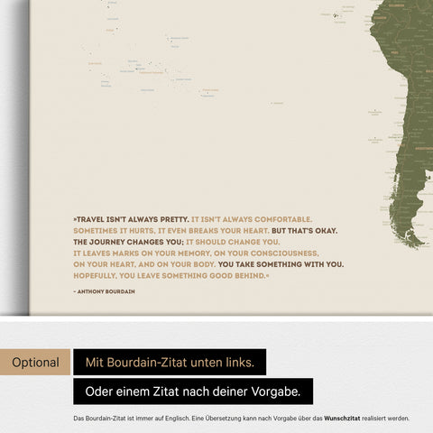 Personalisierbare Weltkarte mit Antarktis in Multicolor Vivid mit Zitat von Anthony Bourdain
