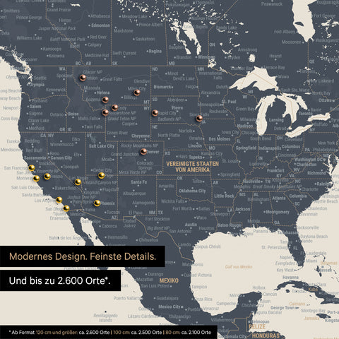 Détail d'une carte du monde en Navy Light montrant des détails des États-Unis et du Canada