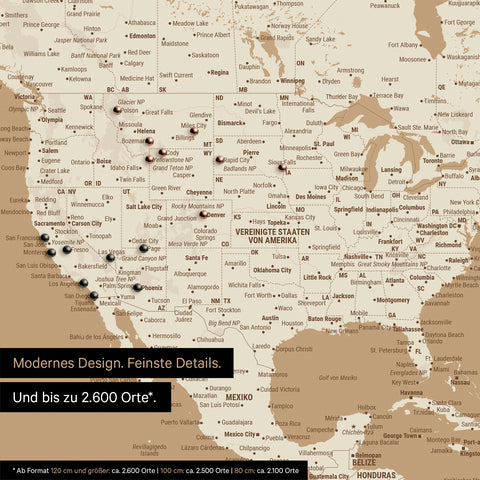 Détail d'une carte du monde en Treasure Gold montrant des détails des États-Unis et du Canada