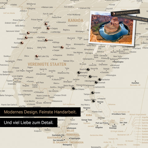 Weltkarte in der Equal-Earth-Projektion als Pinnwand in der Farbe Gold, auf der Reiseziele in den USA und Kanada mit Pins markiert sind
