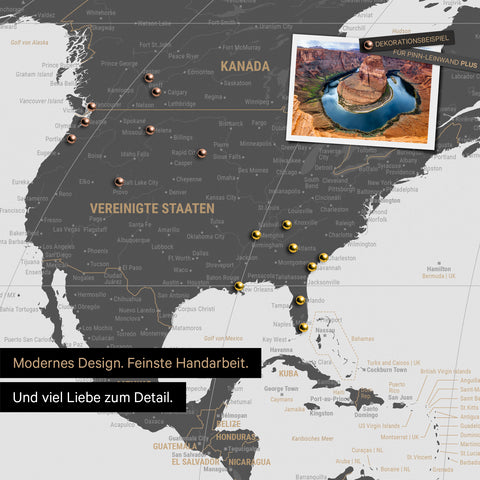Weltkarte in der Equal-Earth-Projektion als Pinnwand in der Farbe Light Gray, auf der Reiseziele in den USA und Kanada mit Pins markiert sind