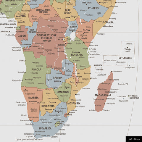 Weltkarte in der Equal-Earth-Projektion, Farbe Multicolor Sienna, zeigt einen Ausschnitt von Afrika in seinen korrekten Größenverhältnissen und Proportionen