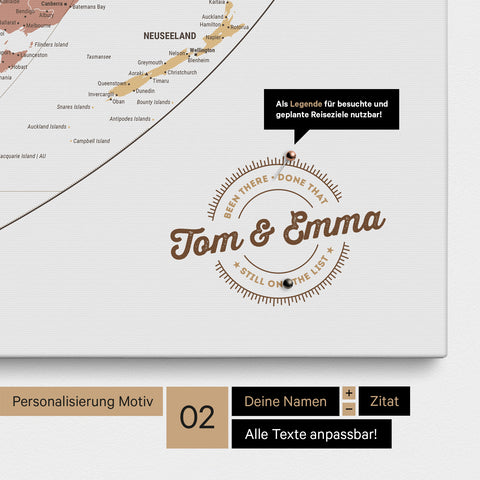 Personalisierte Weltkarte in der Equal-Earth-Projektion als Pinnwand Leinwand in Multicolor Sienna mit eingedruckten Namen und einer Legende zur Markierung von besuchten Orten