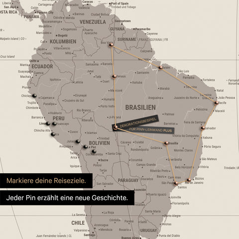 Detail of a world map in the Equal Earth projection as a Push Pin Map in Warmgray (brown-gray), showing a pinned travel route through the South American countries of Brazil, Peru, and Ecuador