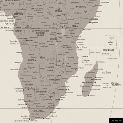 World map in the Equal Earth projection, in Warm Gray (brown-gray), showing a section of Africa in its correct relative sizes and proportions