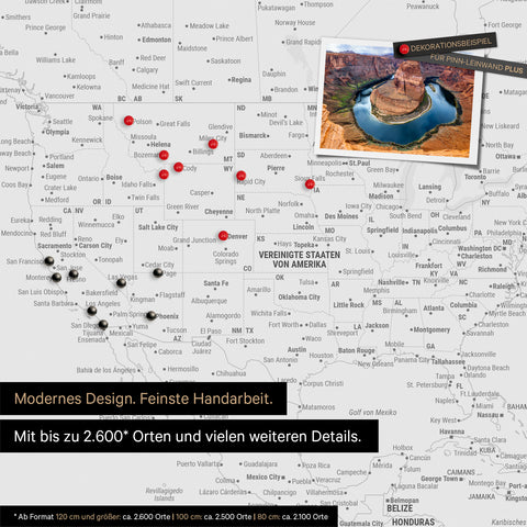 Vue détaillée de la carte du monde FINELINE en tableau d'affichage couleur Coolgray avec des destinations de voyage marquées aux États-Unis, au Canada et au Mexique
