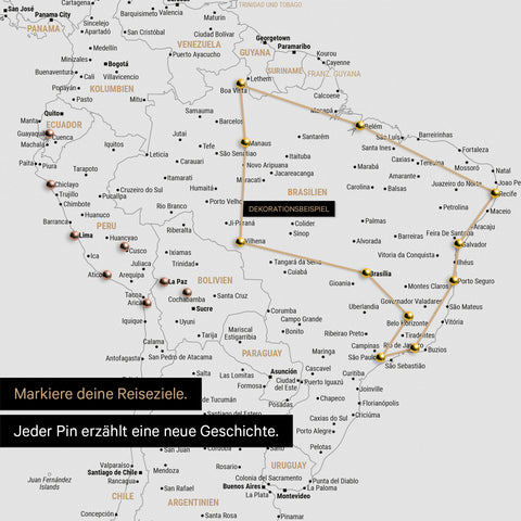 Vue détaillée de la carte du monde FINELINE tableau en toile couleur Noir Clair avec itinéraire de voyage marqué et épingles en Amérique du Sud