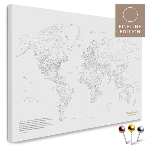Carte du monde FINELINE en toile tableau d'affichage en noir clair avec un design contour fin et minimaliste pour marquer et planifier vos voyages