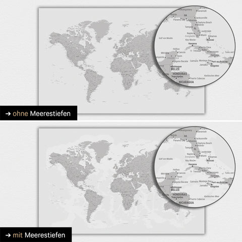 Carte du monde en couleur gris clair avec profondeurs marines en deux dimensions