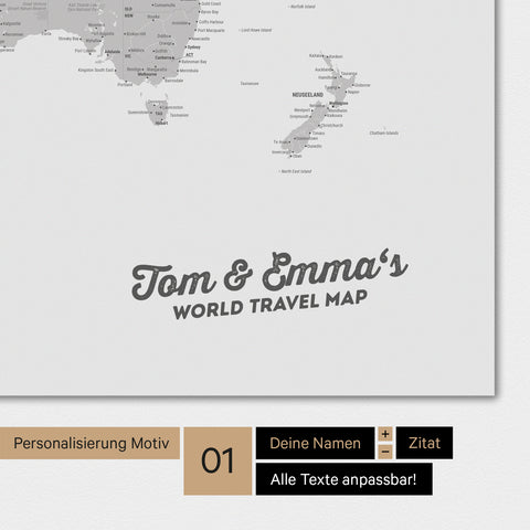 Carte du monde personnalisée en couleur gris clair avec ton nom imprimé