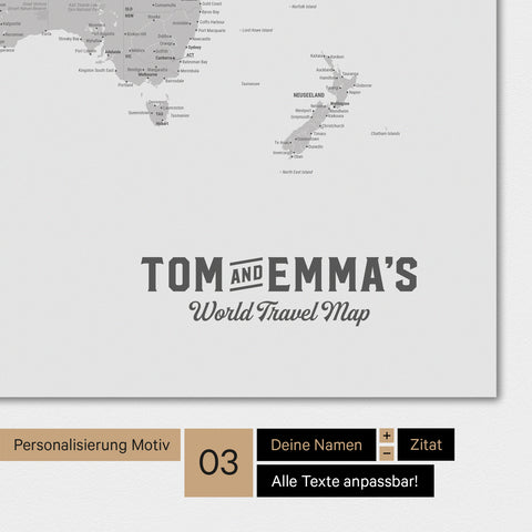 Carte du monde en gris clair avec un logo vintage comme personnalisation moderne