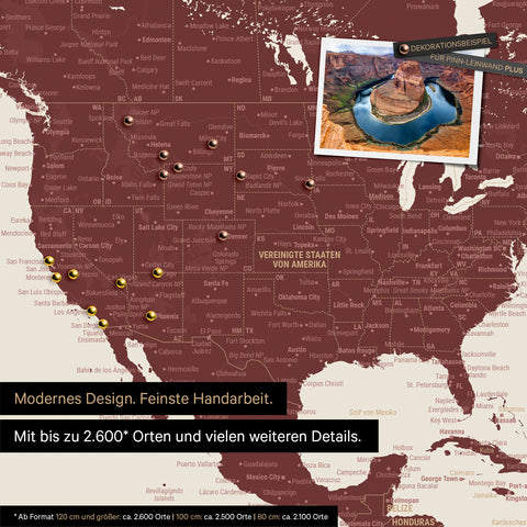 Carte du monde détaillée en liège couleur Bordeaux Rouge pour marquer jusqu'à 2 600 destinations de voyage aux États-Unis, au Canada et au Mexique, idéale pour la représentation visuelle des voyages passés et des projets de voyage futurs