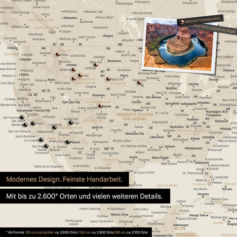 Carte du monde détaillée en or comme tableau d'affichage pour marquer jusqu'à 2 600 destinations de voyage aux États-Unis, au Canada et au Mexique, idéale pour la représentation visuelle des voyages passés et des projets de voyage futurs