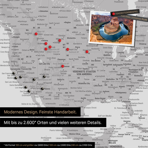 Carte du monde détaillée en gris clair comme tableau d'affichage pour marquer jusqu'à 2 600 destinations de voyage aux États-Unis, au Canada et au Mexique, idéale pour la représentation visuelle des voyages passés et des projets de voyage futurs
