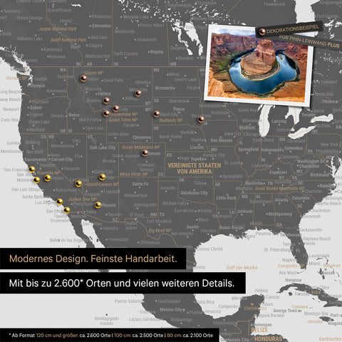 Carte du monde détaillée en gris clair comme tableau d'affichage pour marquer jusqu'à 2 600 destinations de voyage aux États-Unis, au Canada et au Mexique, idéale pour la représentation visuelle des voyages passés et des projets de voyage futurs