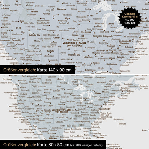 Comparaison de taille d'une carte du monde sur toile aux formats 140 x 90 cm et 80 x 50 cm