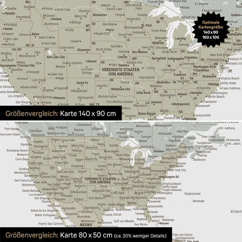 Comparaison de taille d'une carte du monde sur toile aux formats 140 x 90 cm et 80 x 50 cm