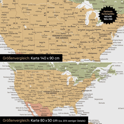 Comparaison de taille d'une carte du monde sur toile aux formats 140 x 90 cm et 80 x 50 cm