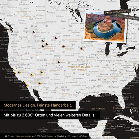 Carte du monde détaillée en noir et blanc sous forme de tableau d'affichage pour marquer jusqu'à 2 600 destinations de voyage aux États-Unis, au Canada et au Mexique, idéale pour la représentation visuelle des voyages passés et des projets de voyage futurs