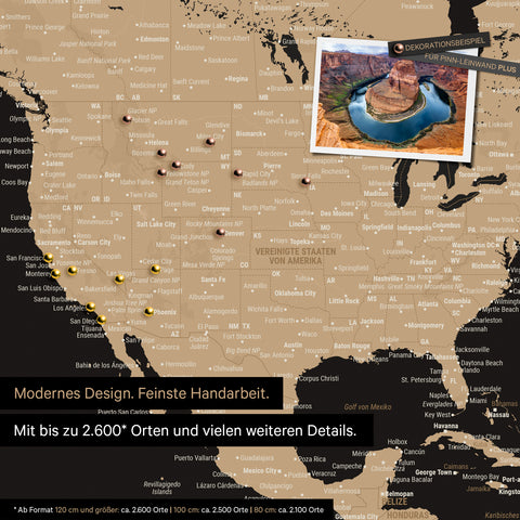 Carte du monde détaillée en tableau d'affichage Sonar Black (noir et or) pour marquer jusqu'à 2 600 destinations de voyage aux États-Unis, au Canada et au Mexique, idéale pour la représentation visuelle des voyages passés et des projets de voyage futurs