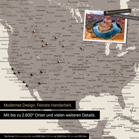 Carte du monde détaillée en tableau d'affichage couleur Warmgray (brun-gris) pour marquer jusqu'à 2 600 destinations de voyage aux États-Unis, au Canada et au Mexique, idéale pour la représentation visuelle des voyages passés et des projets de voyage futurs