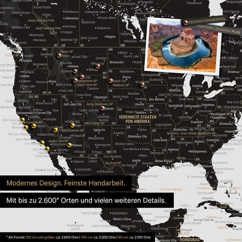 Carte du monde détaillée en tableau d'affichage Light Black (Blanc Noir) pour marquer jusqu'à 2 600 destinations de voyage aux États-Unis, au Canada et au Mexique, idéale pour la représentation visuelle des voyages passés et des projets de voyage futurs