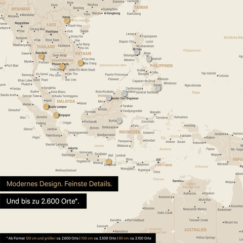 Détail d'une carte du monde magnétique dorée montrant la carte de l'Asie, sur laquelle des aimants marquent des destinations de voyage